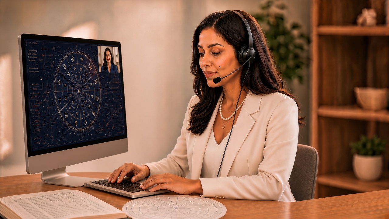 Your astrologer in a live online consultation with a natal chart on screen